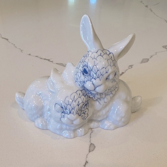 Herend Blue and White Ceramic Rabbit Pair - Picture 1 of 5